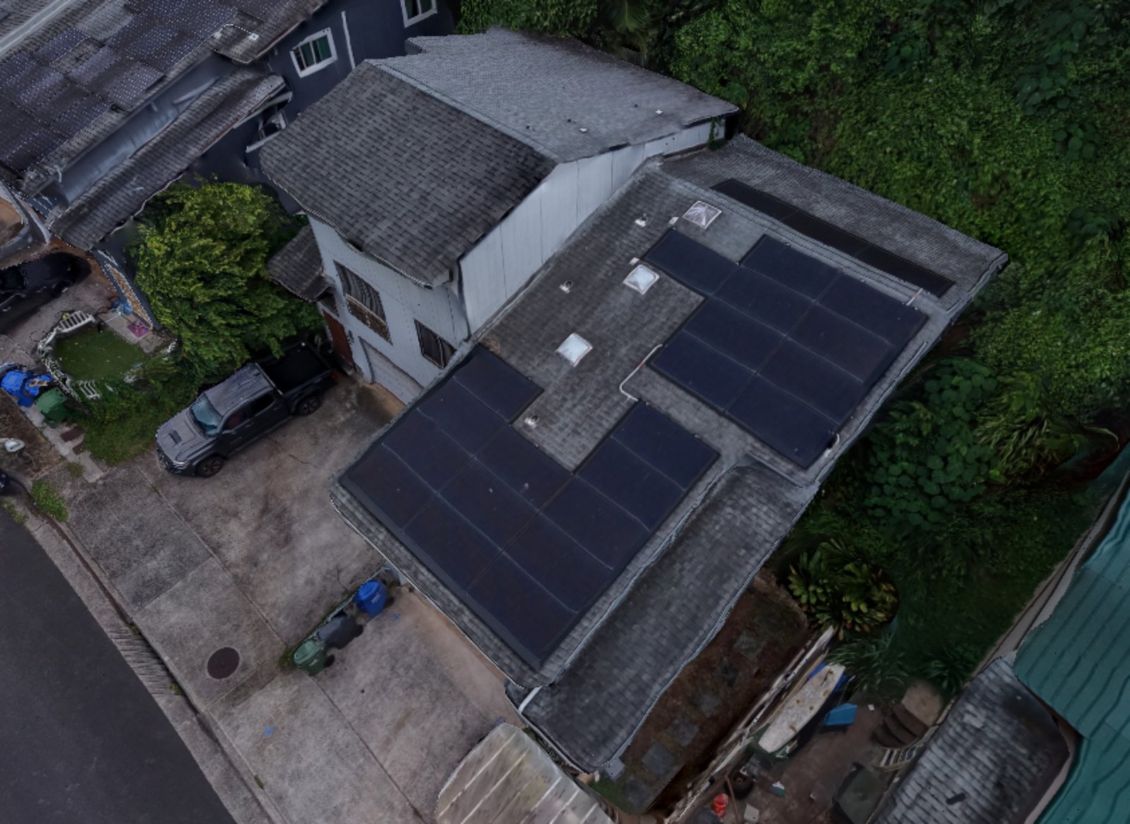 Aerial view of a full roof and rooftop equipment from above